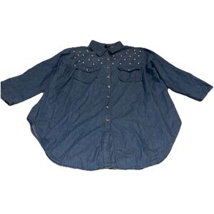 New Glory Blue Shirt Womens Roll Tab Sleeves Button Up Shirt Plus Sz 2X Womens